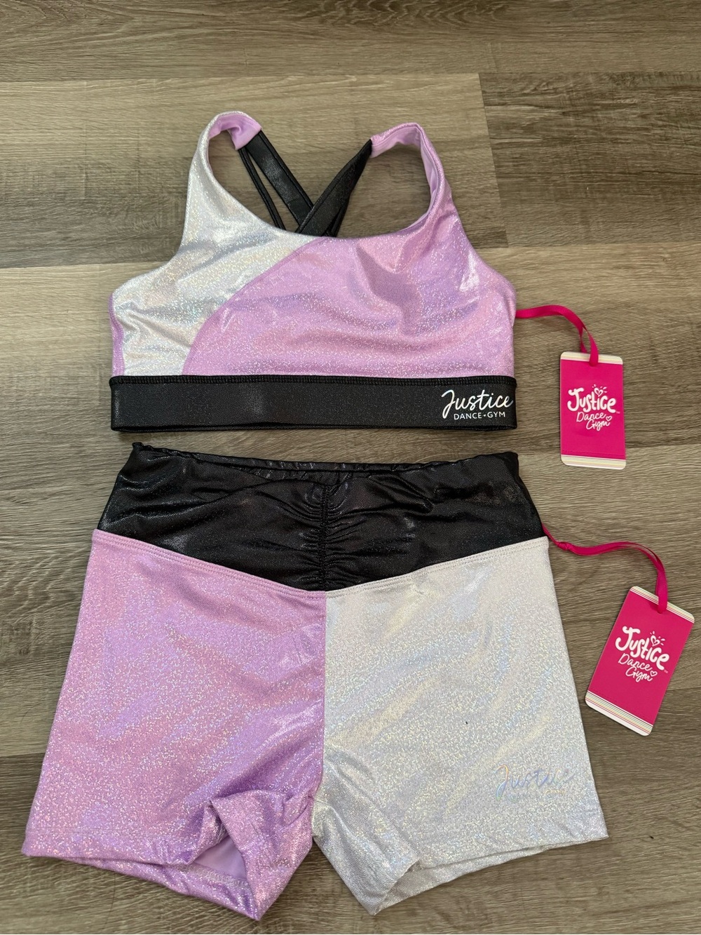 Justice Sparkle Lilac, Silver & Black Dance Crop Top and Shorts Set